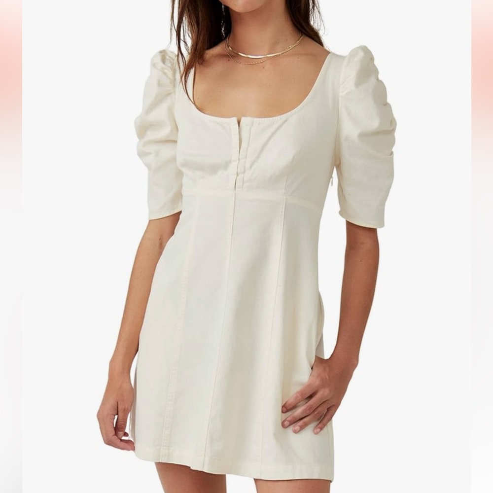 Free People Cheyenne Denim Cream Puff Sleeve Mini Dress